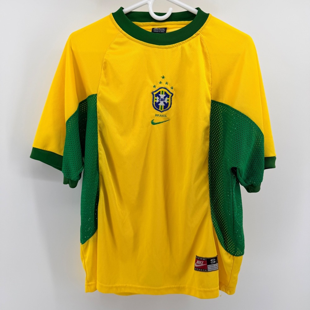 Vintage Nike Brazil CBF Soccer Jersey Mesh Panel Athletic Shirt S Yellow Green - Picture 2 of 8